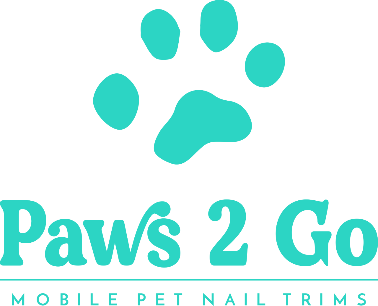 Cartoon drawing of a paw print, with the company name "paws 2 go" and the description "mobile pet nail trims" below that.